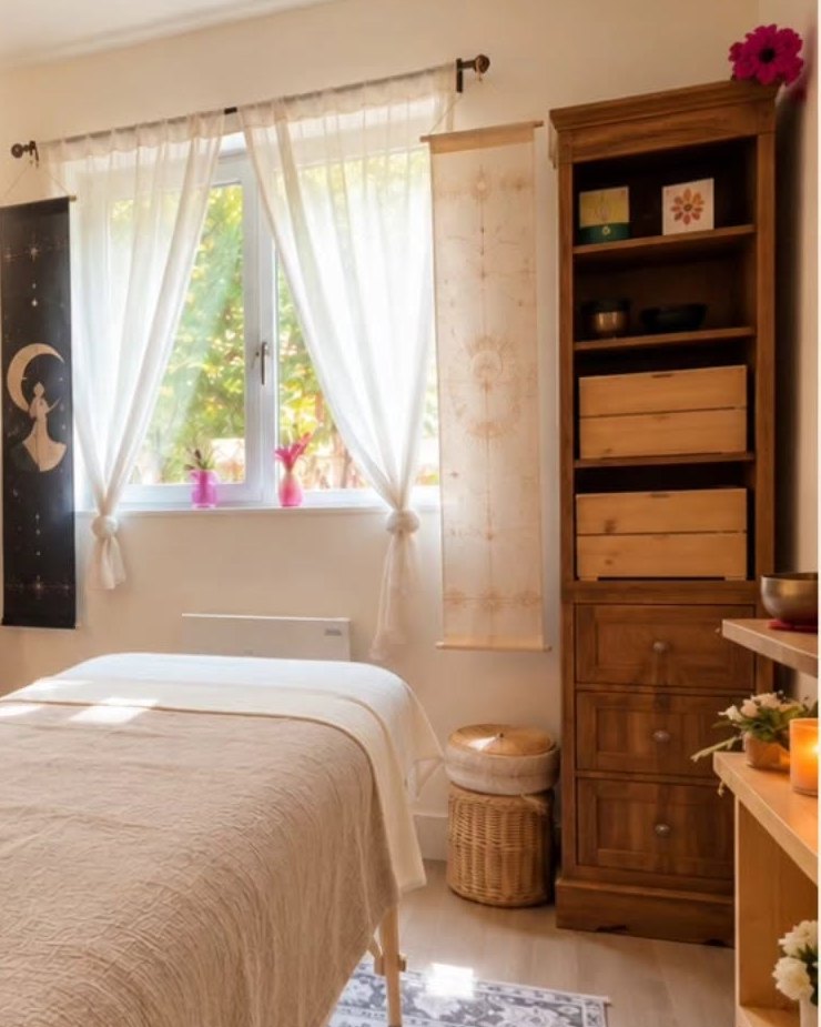 La salle de soin de Bianca&nbsp;: une table de massage près d'une fenêtre, des étagères en bois et des plantes